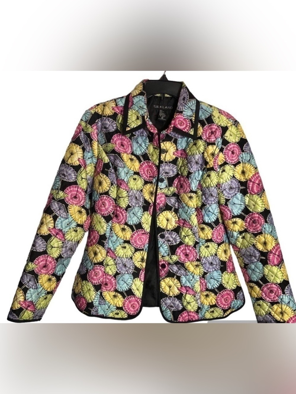 Silkland 100% Silk Pink Blue Lavender Lime Yellow Umbrella Quilted Blazer M